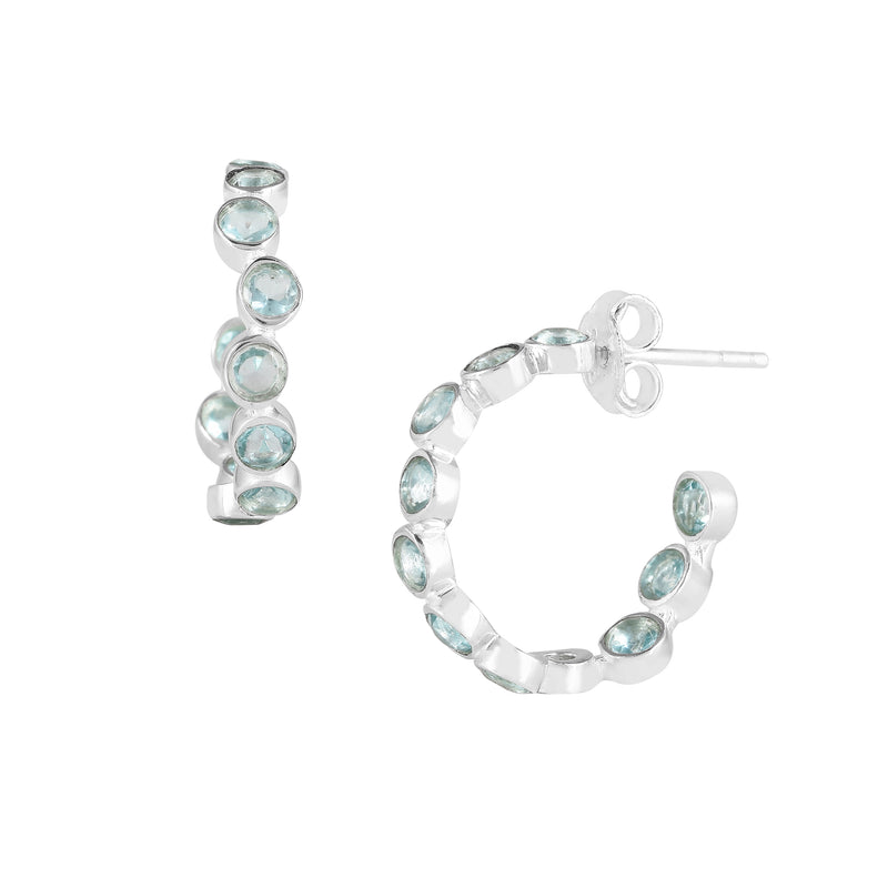 Dew Drops Blue Topaz Studded Hoops Earrings Silver