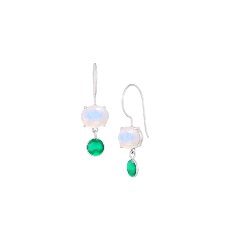 Dew Drops Rainbow Moonstone & Green Onyx Stone Drop Earrings Silver