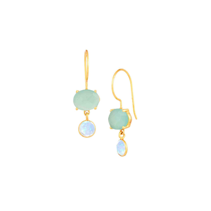 Dew Drops Aqua Chalcedony & Rainbow Moonstone Stone Drop Earrings Gold