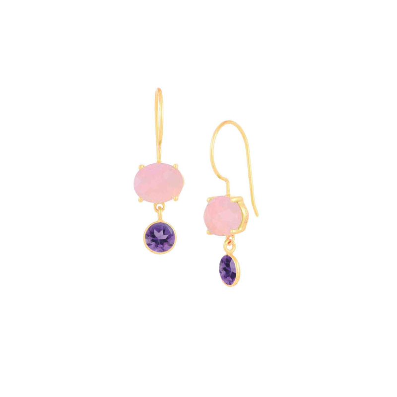 Dew Drops Rose Quartz & Amethyst Stone Drop Earrings Gold