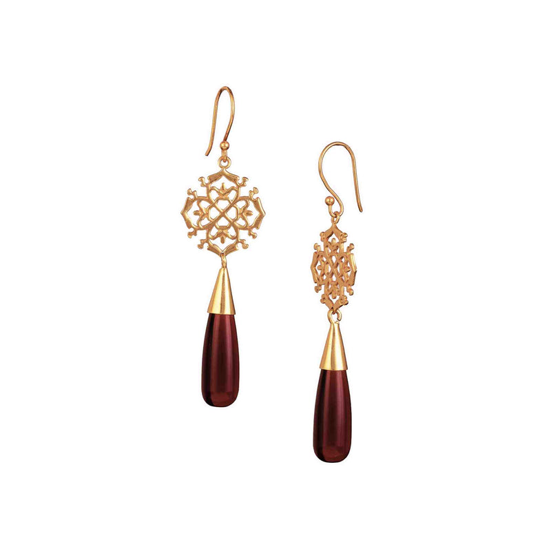 Dew Drops Filigree & Garnet Drop Statement Earrings Gold