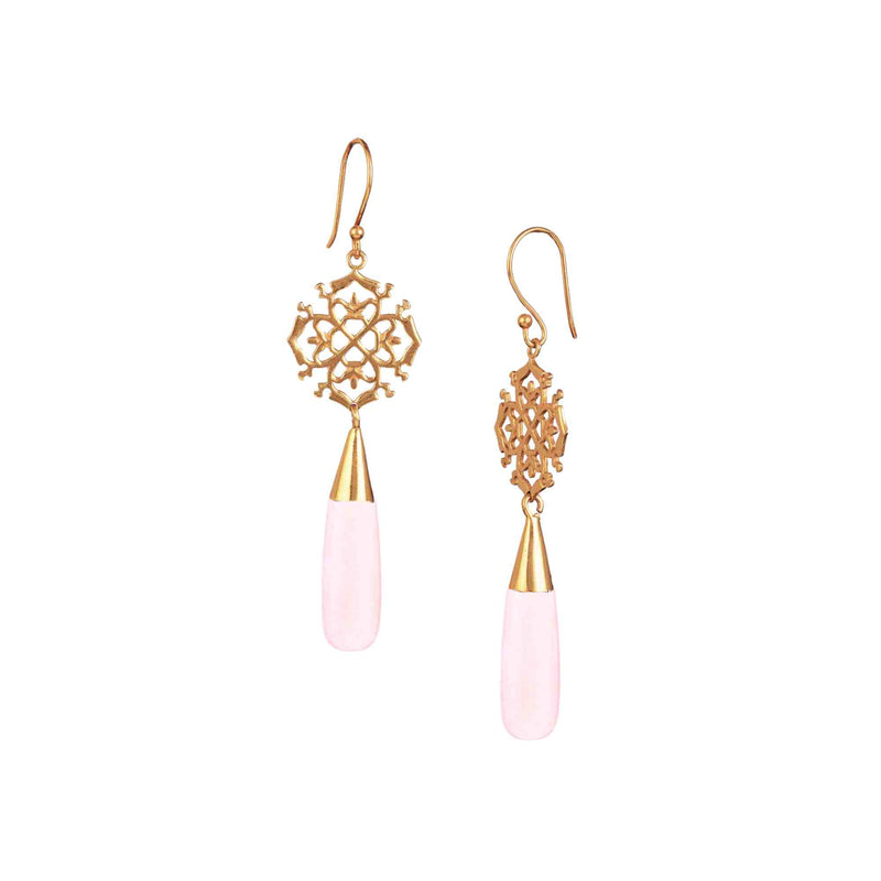 Dew Drops Filigree & Rose Quartz Drop Statement Earrings Gold