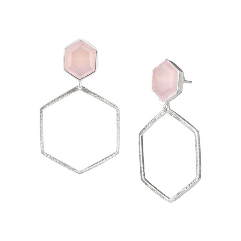 Geo Glam Hexagon Pink Chalcedony Statement Earrings Silver