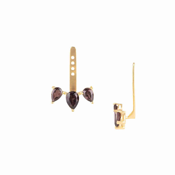 Dew Drops Smoky Quartz Three Stone Ear-Jacket Earrings Gold