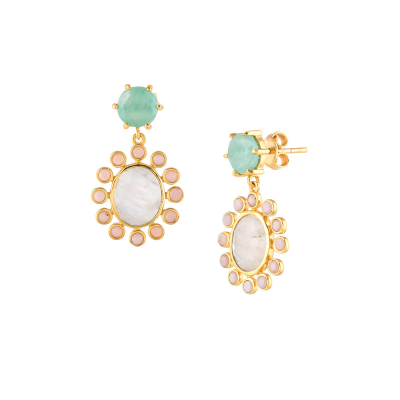 Delicate Vintage Rainbow Moonstone, Amazonite and Pink Opal Georgian Statement Earrings Gold