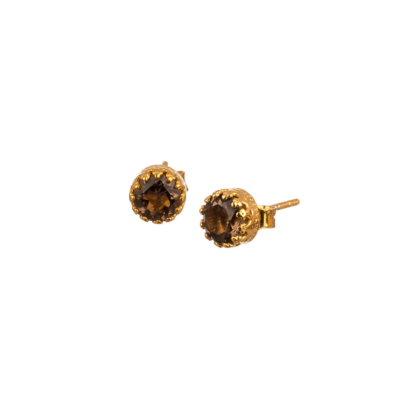 Dew Drops Smokey Quartz Crown Stud Earrings Gold