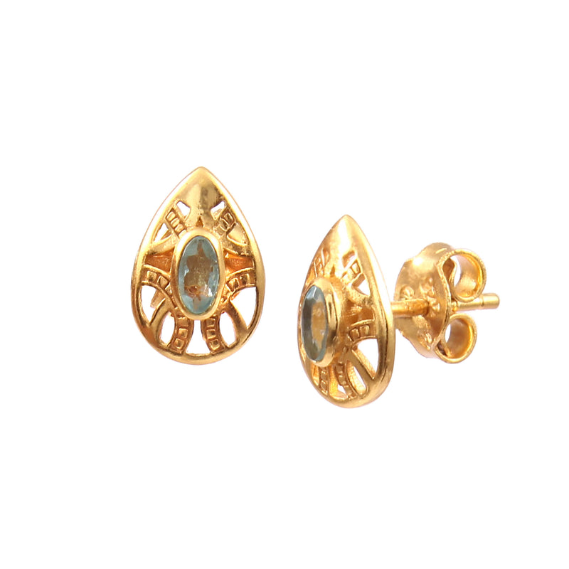 Delicate Vintage Blue Topaz Teardrop Filigree Stud Earrings Gold