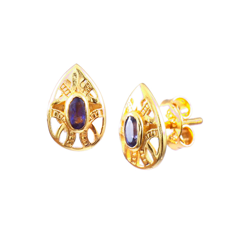 Delicate Vintage Iolite Teardrop Filigree Stud Earrings Gold