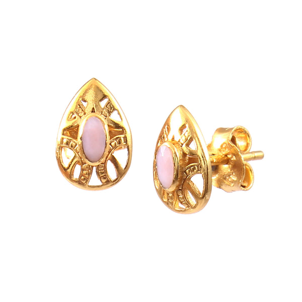 Delicate Vintage Pink Opal Teardrop Filigree Stud Earrings Gold