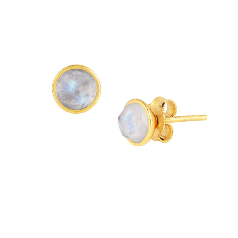 Dew Drops Rainbow Moonstone Round Stud Earrings Gold