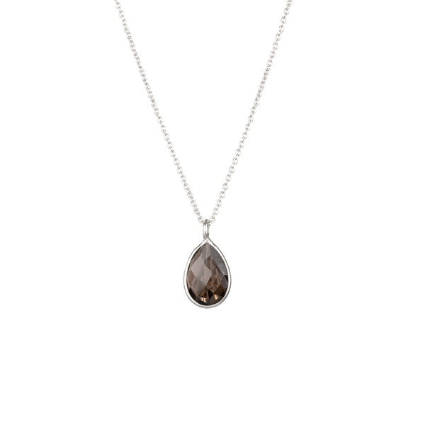 Dew Drops Smoky Quartz Teardrop Pendant Necklace Silver