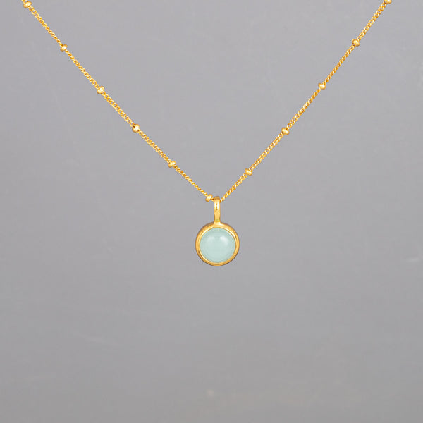 Dew Drops Aqua Calcedony Round Pendant Necklace Gold